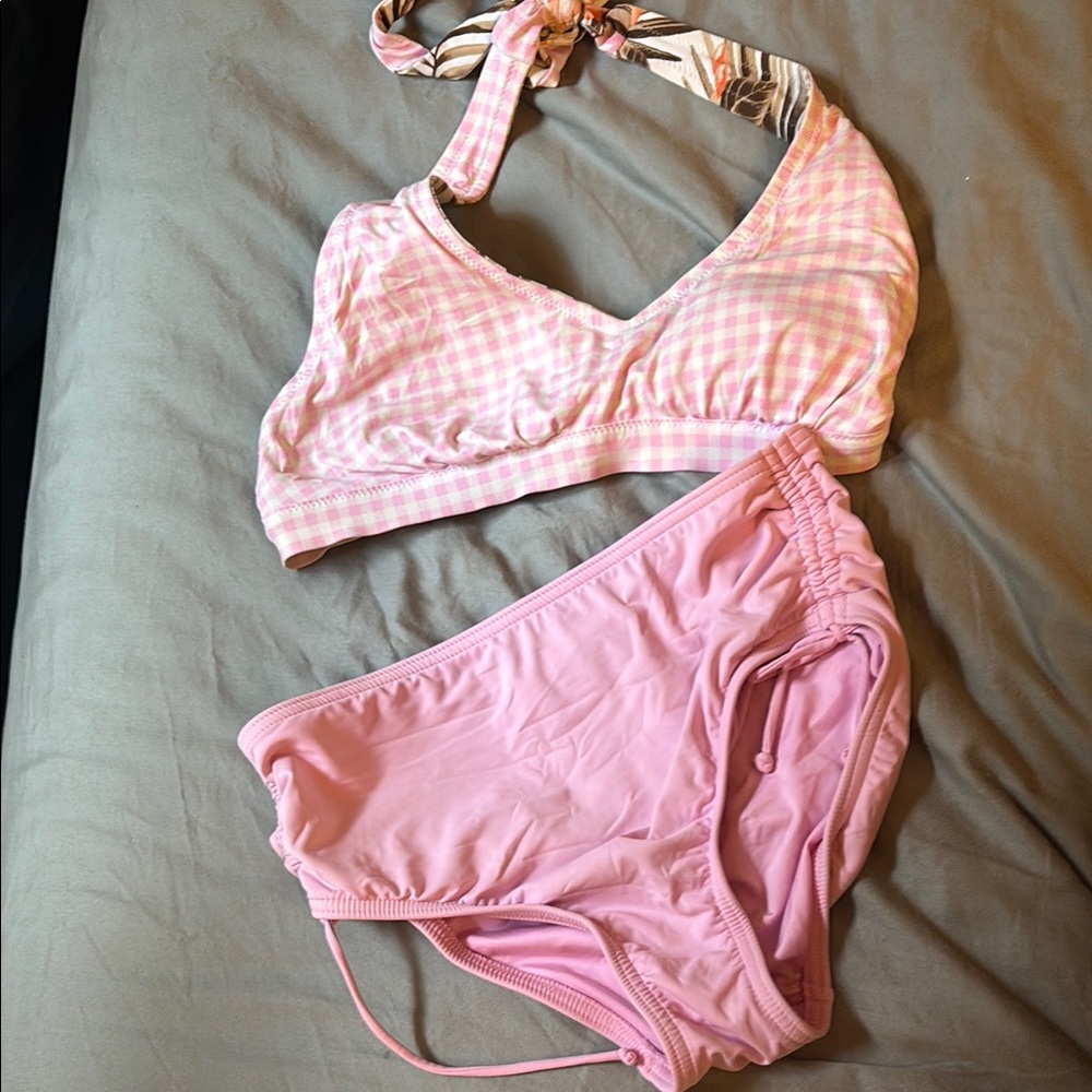 Lands' End Pink Gingham Halter Bikini Top with Solid Pink Bottoms